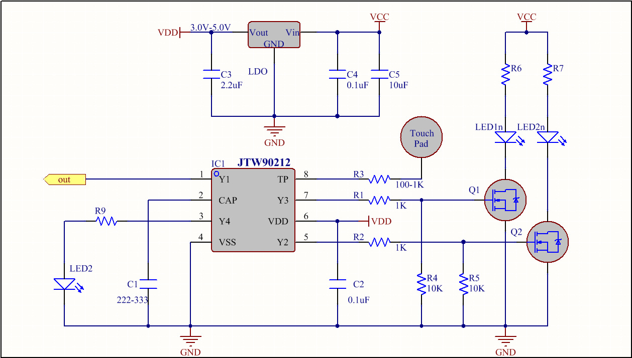 JTW90212一鍵雙開無極調(diào)光觸摸芯片電容觸控IC小家電LED方案開發(fā) JTW90212一鍵雙開無極調(diào)光觸摸芯片電容觸控IC小家電LED方案開發(fā)